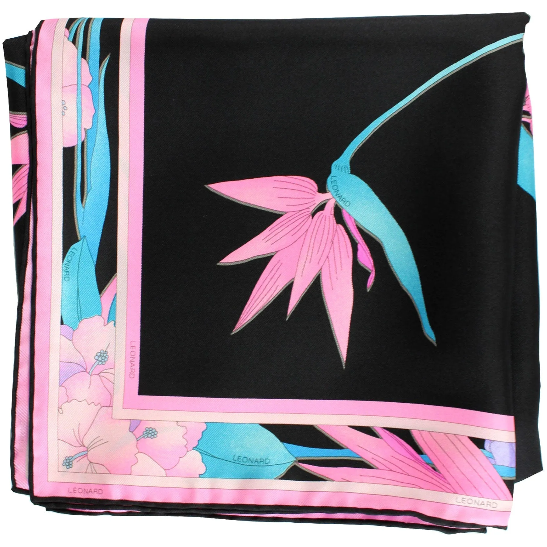 Leonard Scarf Black Pink Aqua Blue Floral - Large Square Twill Silk Foulard SALE