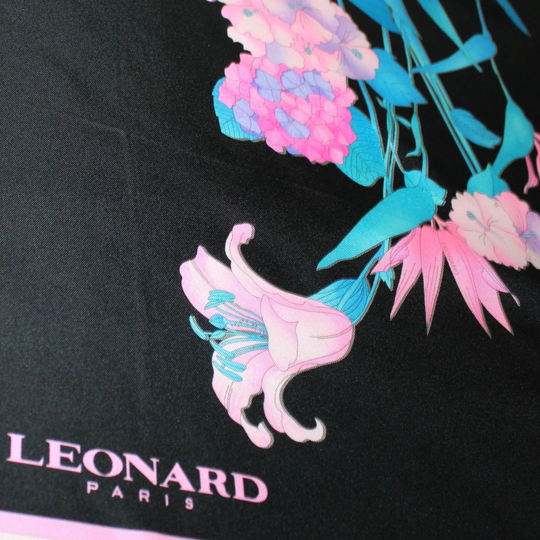 Leonard Scarf Black Pink Aqua Blue Floral - Large Square Twill Silk Foulard SALE