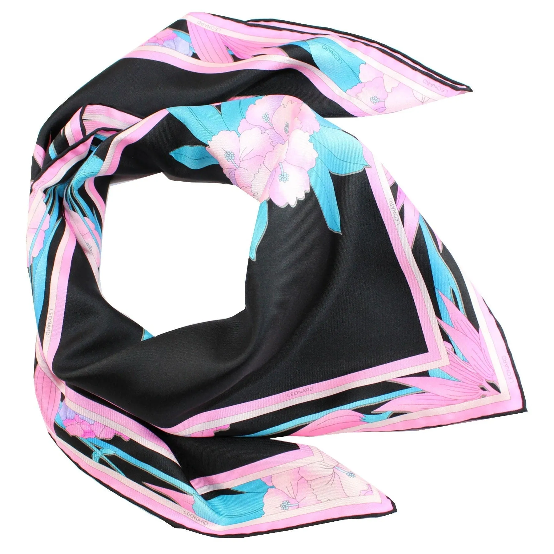 Leonard Scarf Black Pink Aqua Blue Floral - Large Square Twill Silk Foulard SALE