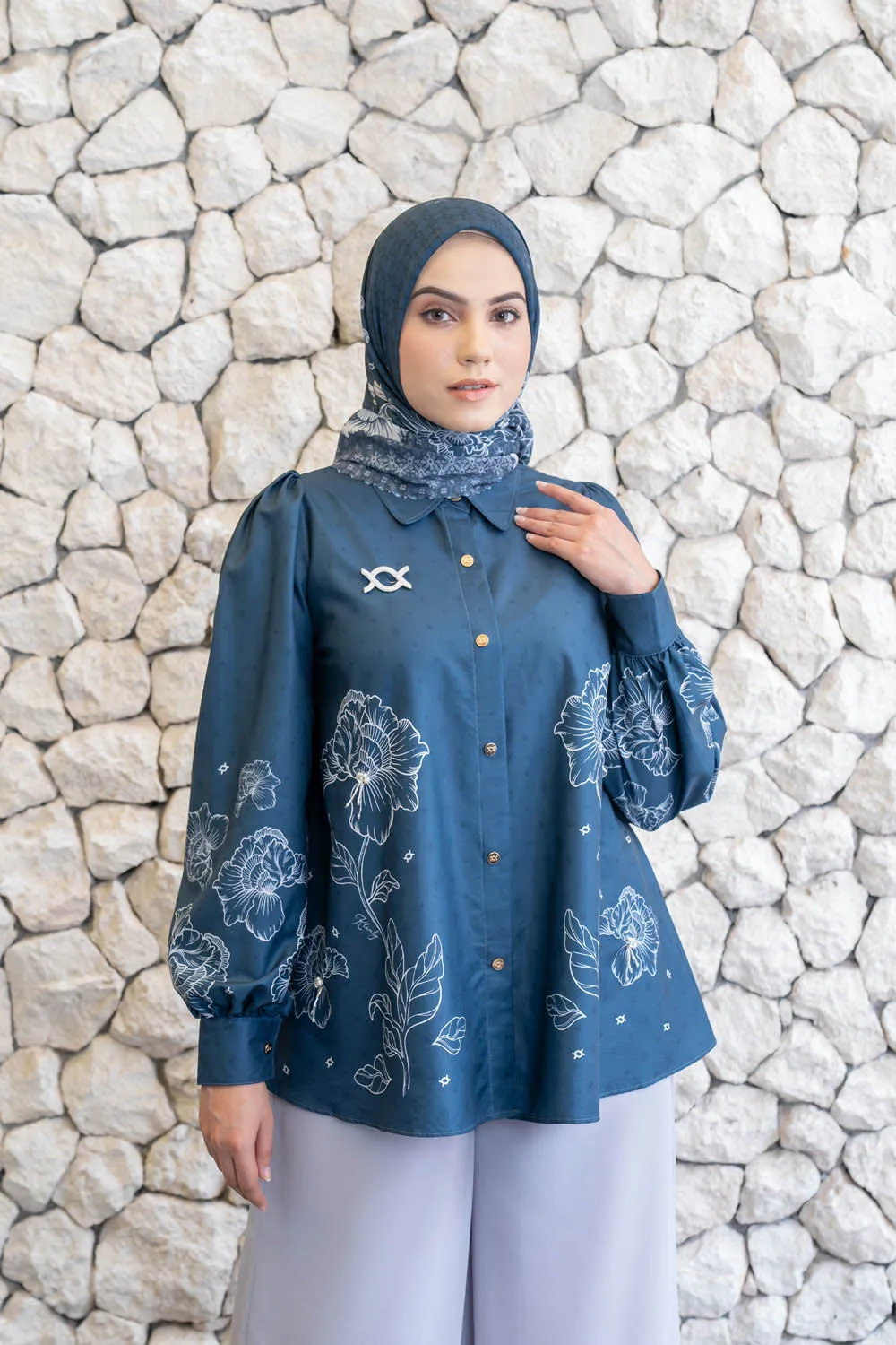 Leysha Shirt & Scarf Syar'i Set Lunar Blue