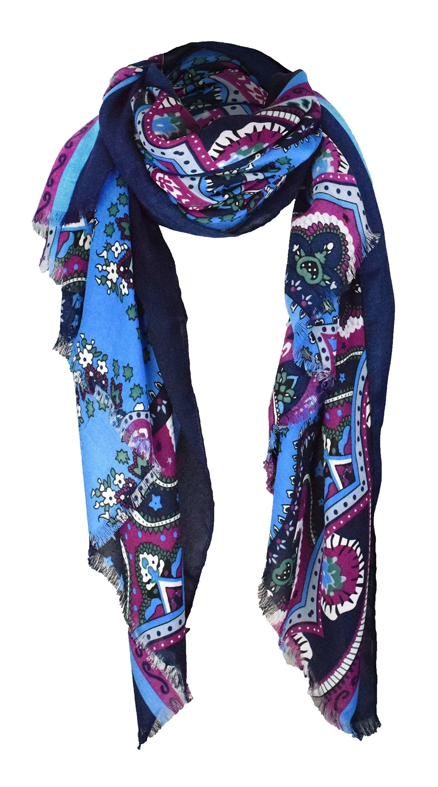 Light Blue/Magenta/Navy Peach Couture Summer Fashion Vintage Damask Pattern long Scarf Shawl Sarong