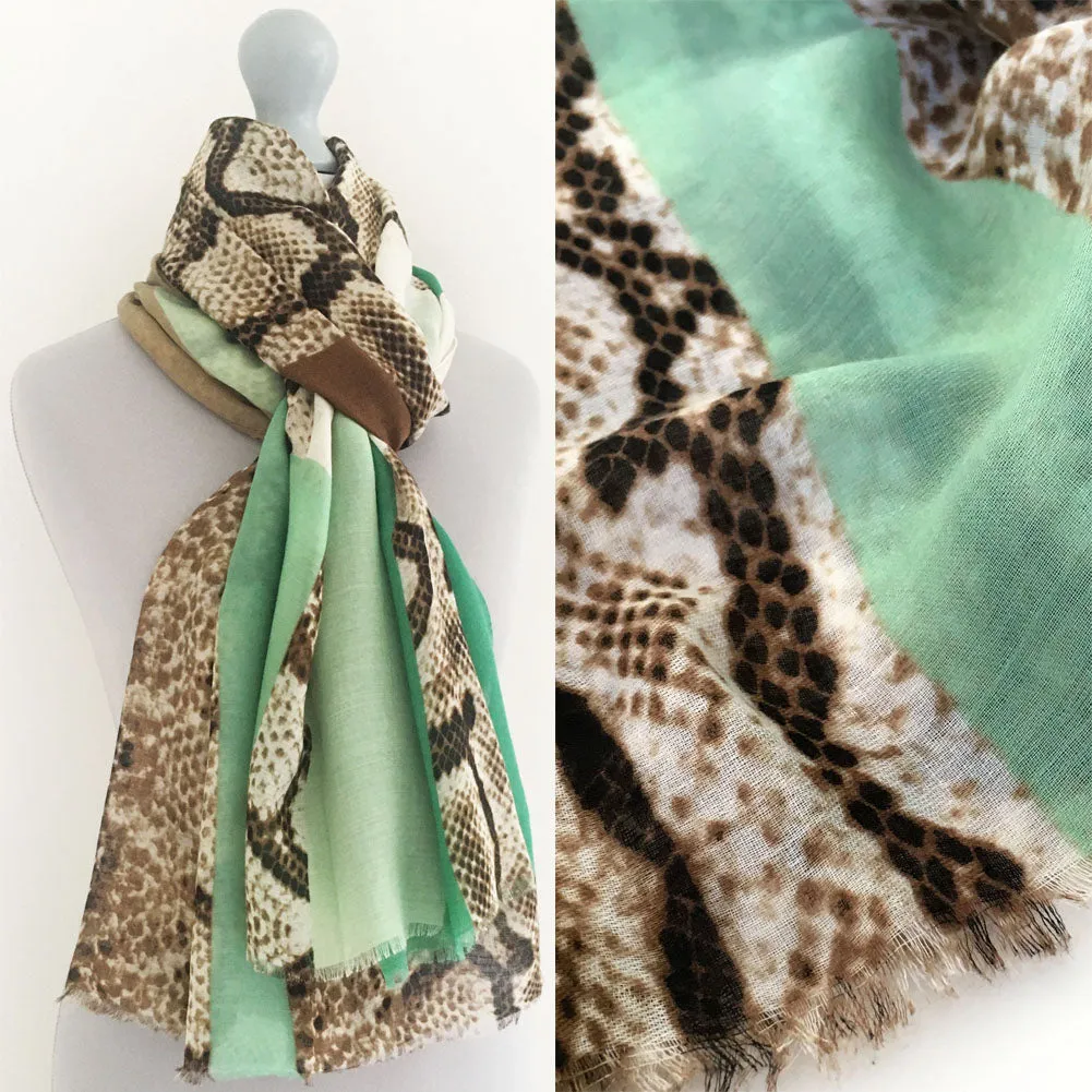 LONG TURQUOISE BLOCKS SNAKESKIN PRINT LIGHTWEIGHT SHAWL SCARF