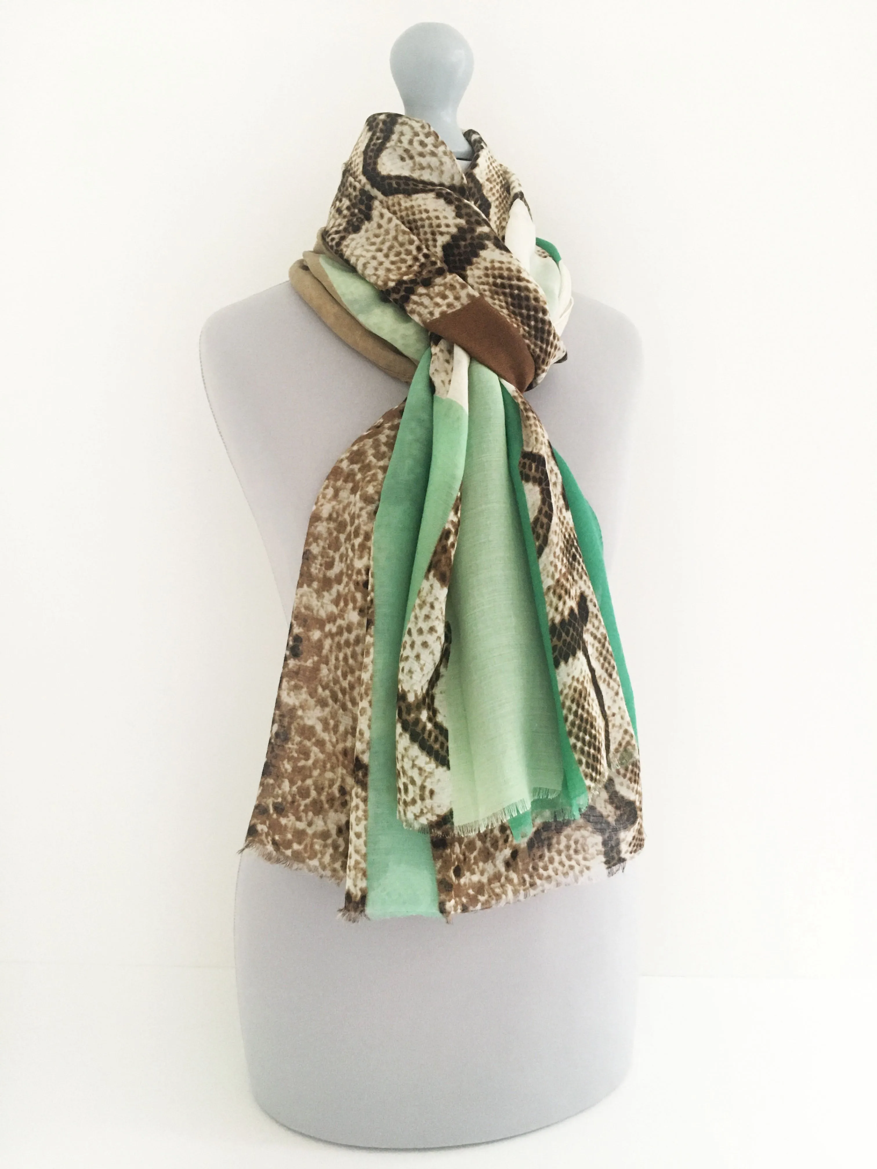 LONG TURQUOISE BLOCKS SNAKESKIN PRINT LIGHTWEIGHT SHAWL SCARF