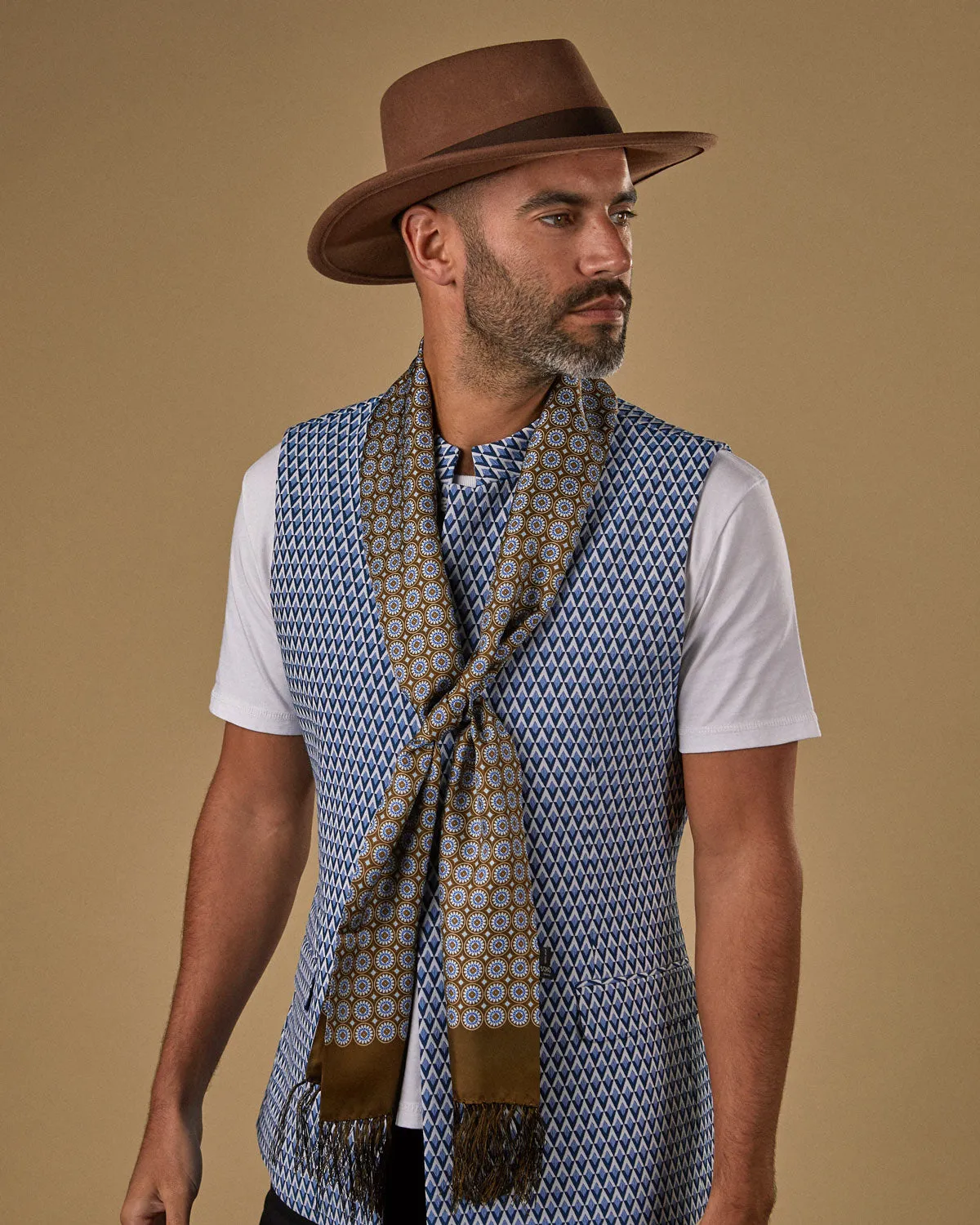 Men's Silk Aviator Scarf in Geometric Pattern - The Bellingham Aviator