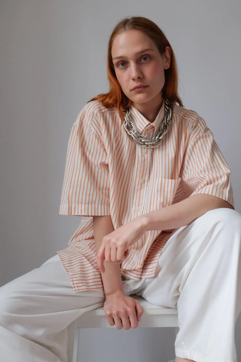 ORANGE WHITE STRIPED OVERSIZE SHORT ARM SHIRT