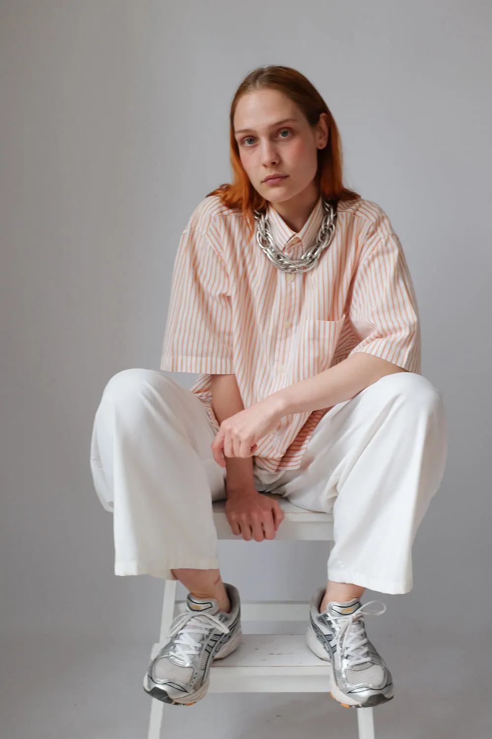 ORANGE WHITE STRIPED OVERSIZE SHORT ARM SHIRT