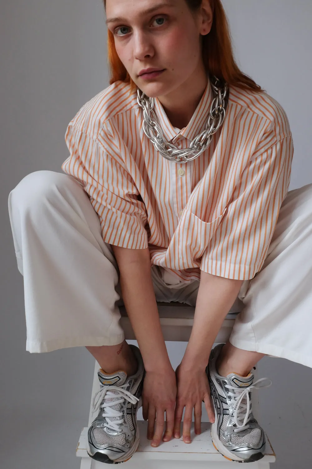 ORANGE WHITE STRIPED OVERSIZE SHORT ARM SHIRT