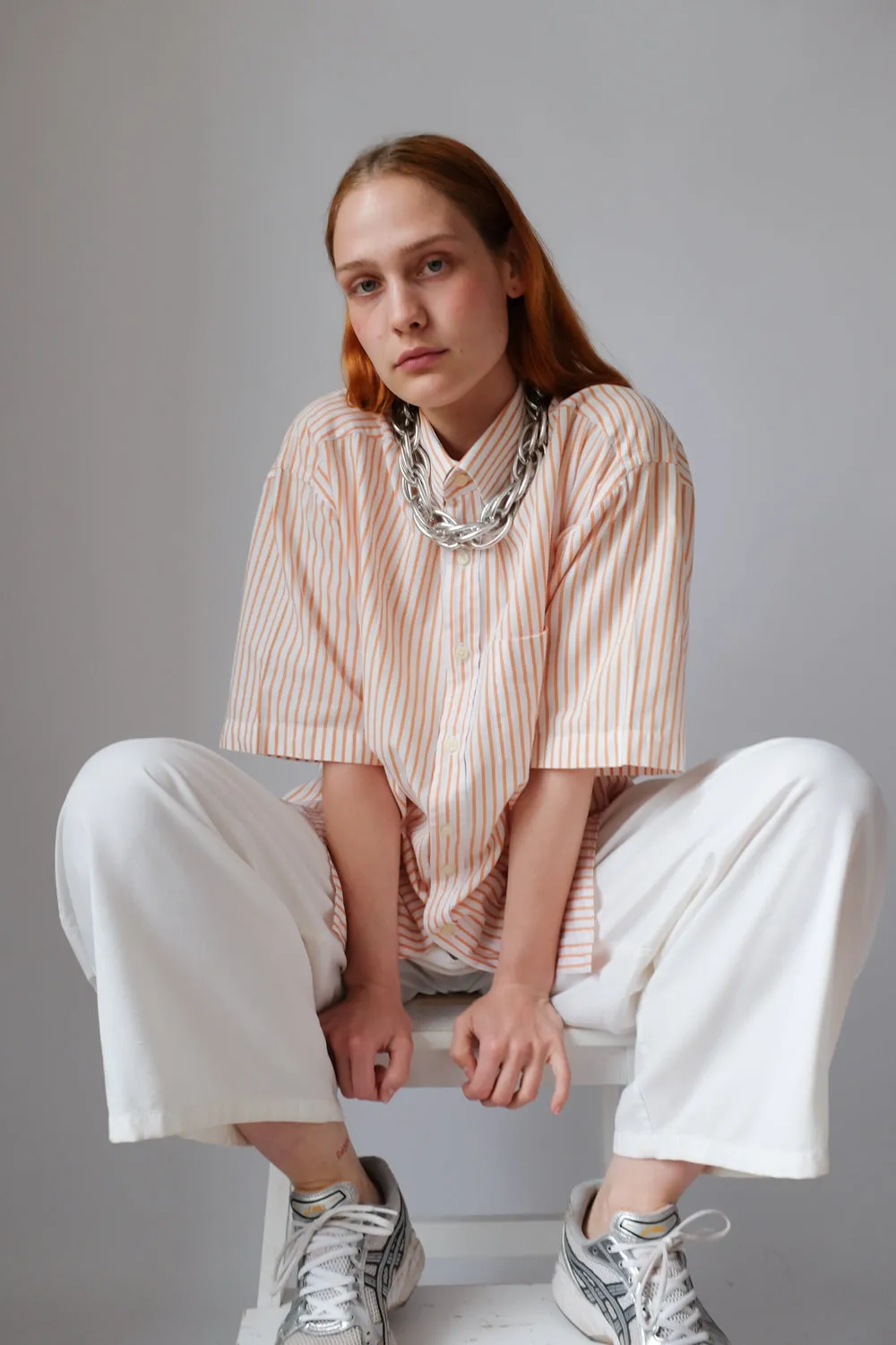 ORANGE WHITE STRIPED OVERSIZE SHORT ARM SHIRT