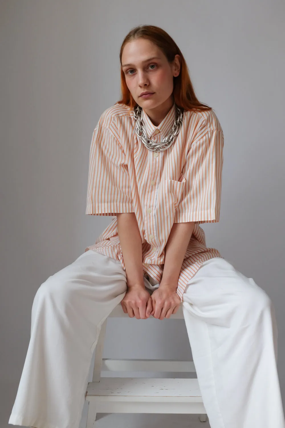 ORANGE WHITE STRIPED OVERSIZE SHORT ARM SHIRT