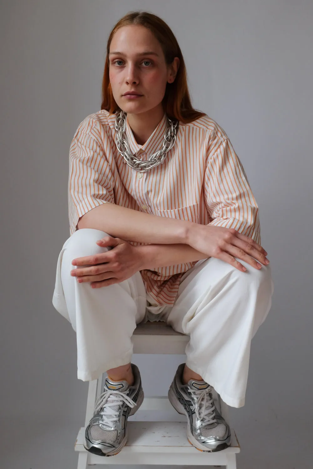 ORANGE WHITE STRIPED OVERSIZE SHORT ARM SHIRT