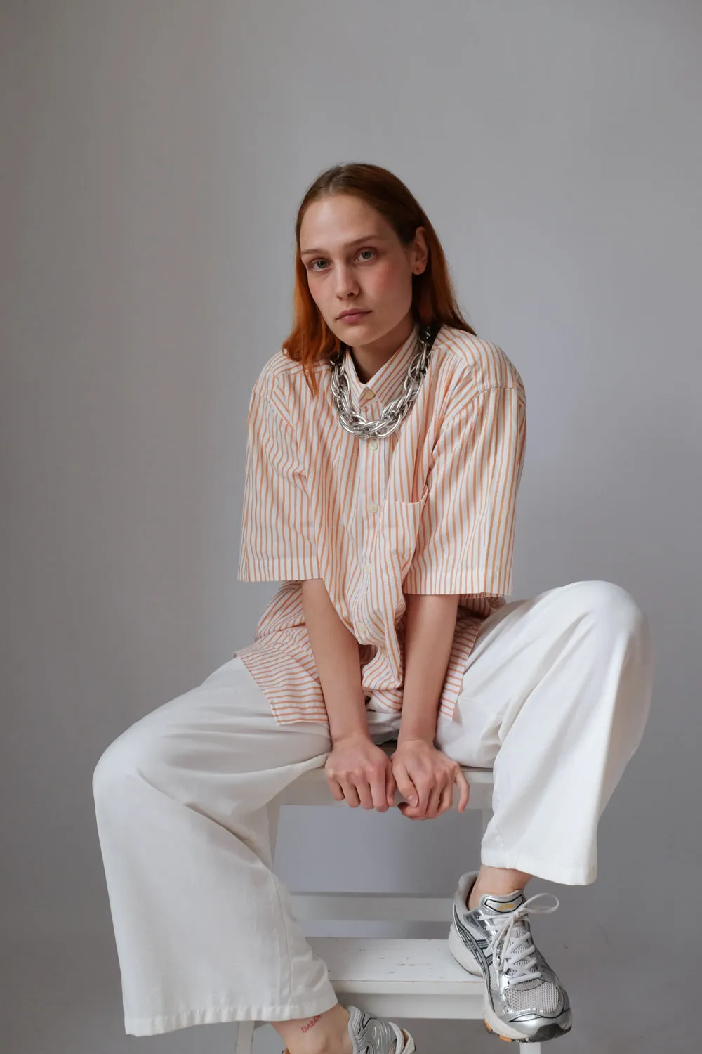 ORANGE WHITE STRIPED OVERSIZE SHORT ARM SHIRT