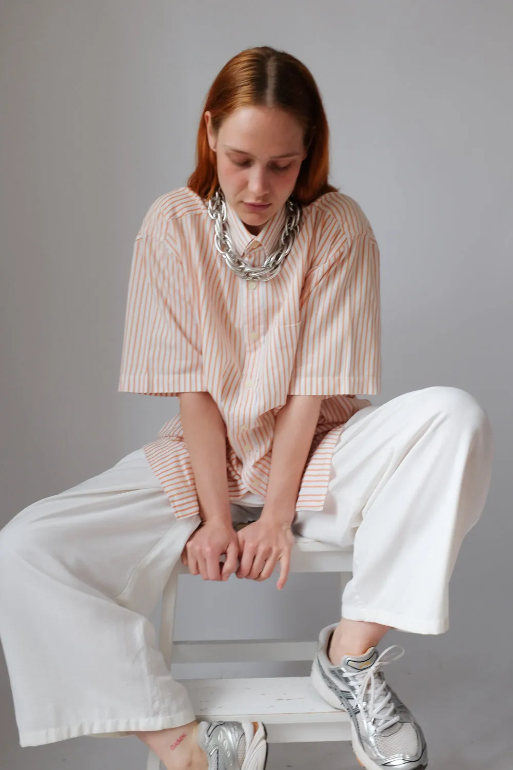 ORANGE WHITE STRIPED OVERSIZE SHORT ARM SHIRT