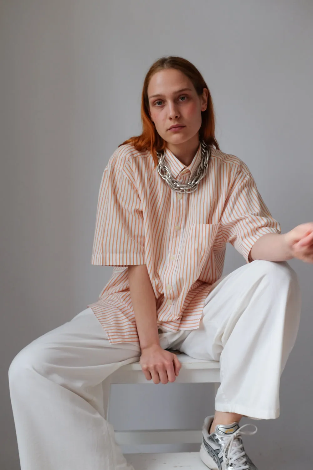 ORANGE WHITE STRIPED OVERSIZE SHORT ARM SHIRT