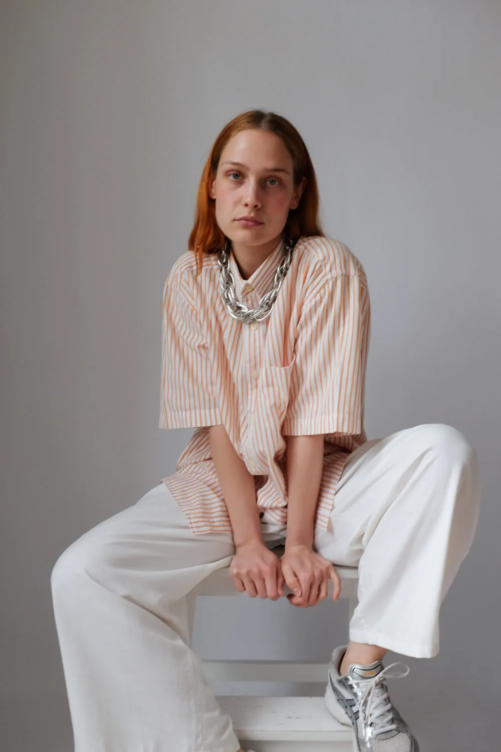 ORANGE WHITE STRIPED OVERSIZE SHORT ARM SHIRT