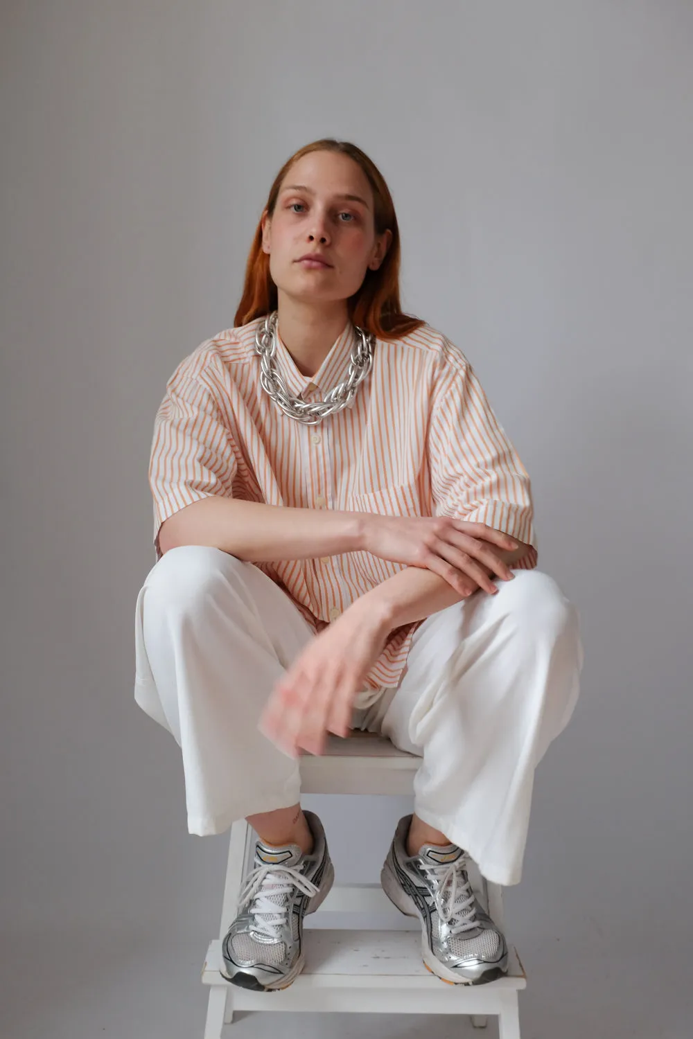 ORANGE WHITE STRIPED OVERSIZE SHORT ARM SHIRT