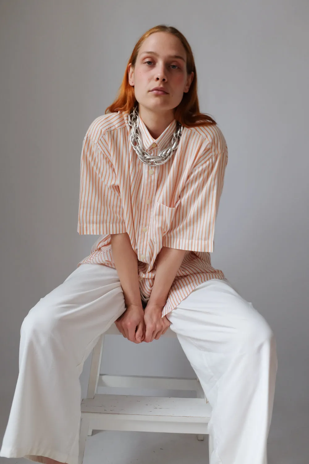 ORANGE WHITE STRIPED OVERSIZE SHORT ARM SHIRT