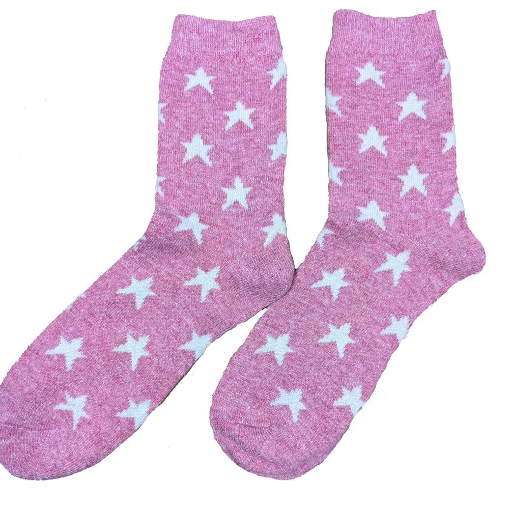 Pink with cream Stars, wool blend socks, size 4-7