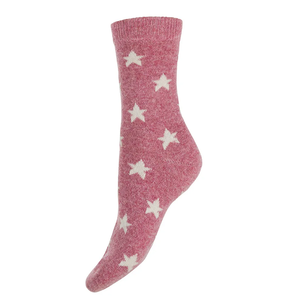 Pink with cream Stars, wool blend socks, size 4-7