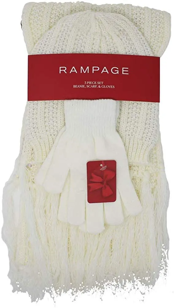 Rampage Women’s 3 Piece Slouchy Rib Knit Beanie Cap, Scarf and Gloves Set - Fall Winter Accessories