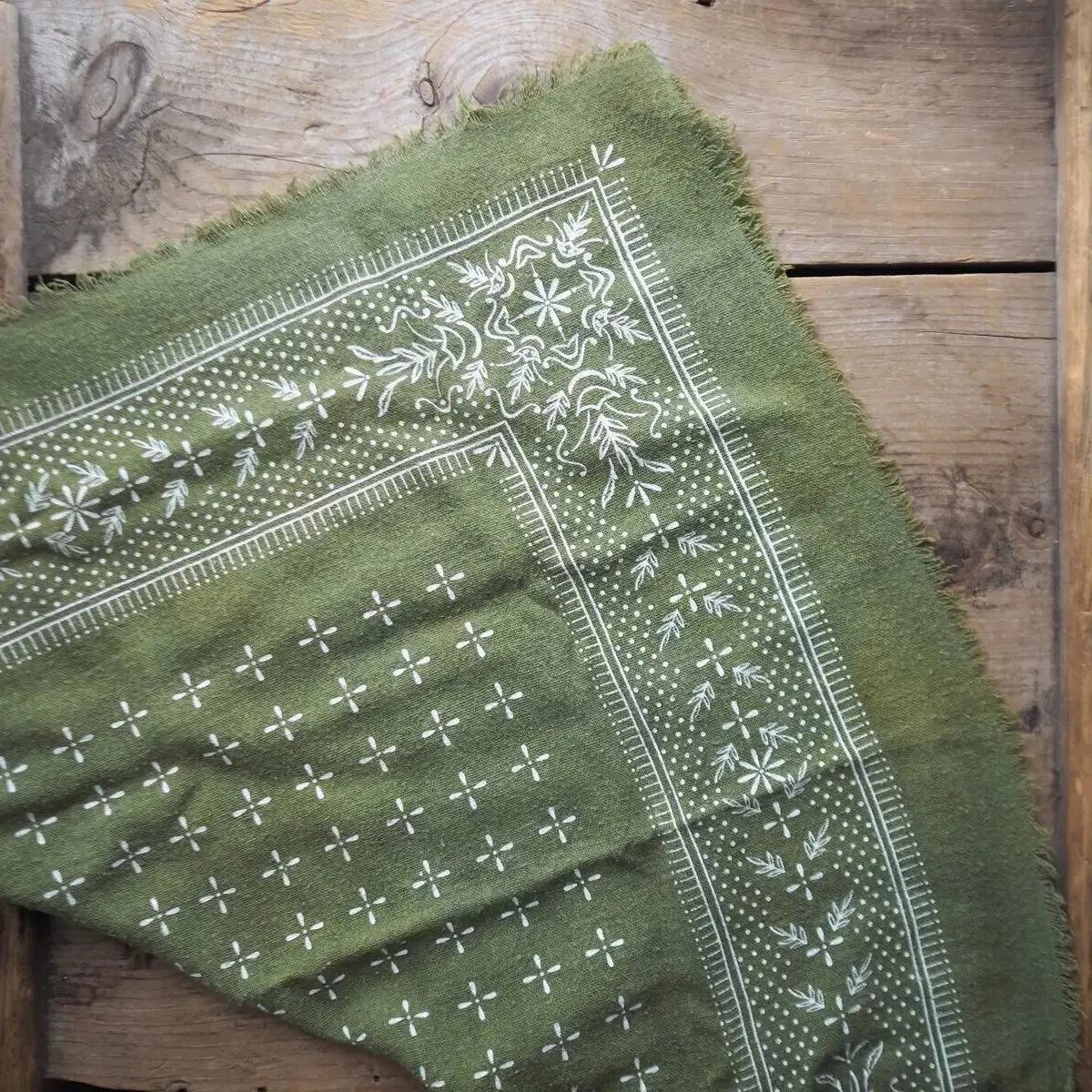 Raw Silk Bandana in Olive Green Classic Print -White Ink