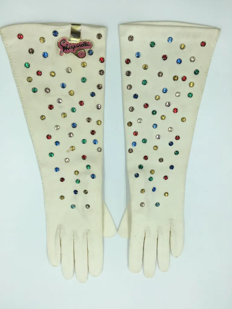 Schiaparelli by Fownes Cream Gloves w Hand Sewn Beaded Rhinestones Orignal tag