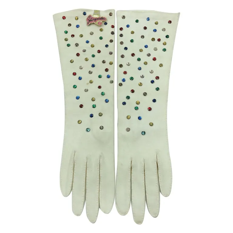 Schiaparelli by Fownes Cream Gloves w Hand Sewn Beaded Rhinestones Orignal tag