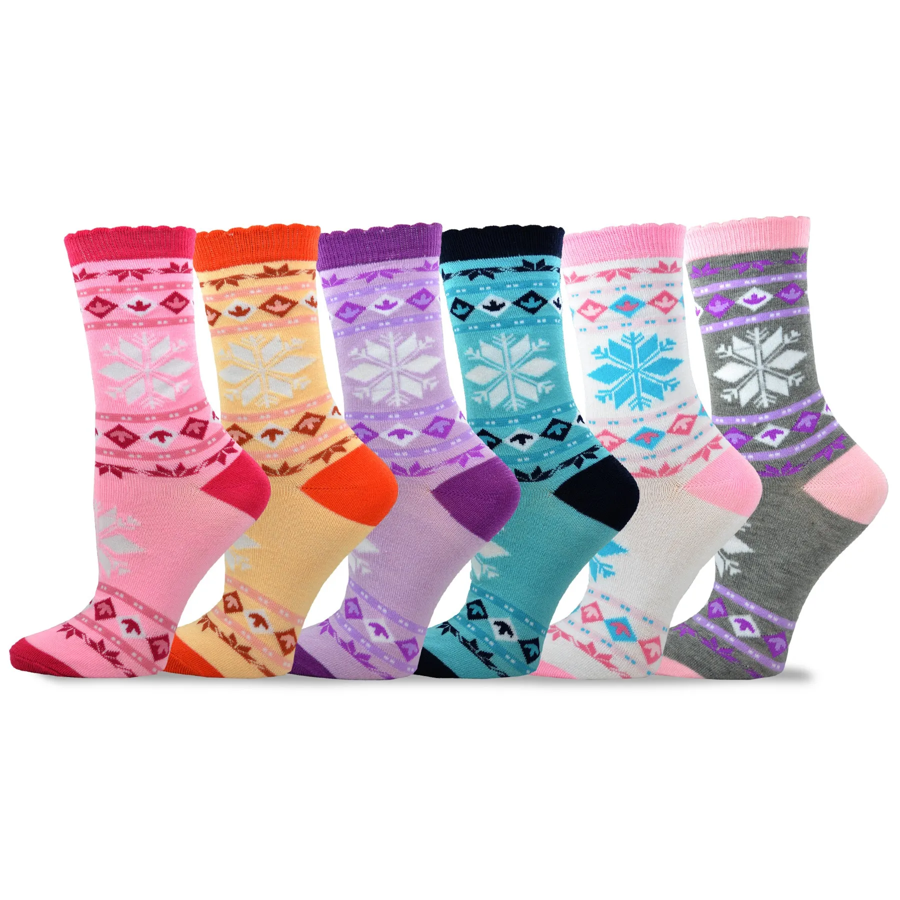 TeeHee Socks Women's Casual Polyester Crew Snowflake Scallop 6-Pack (11634)