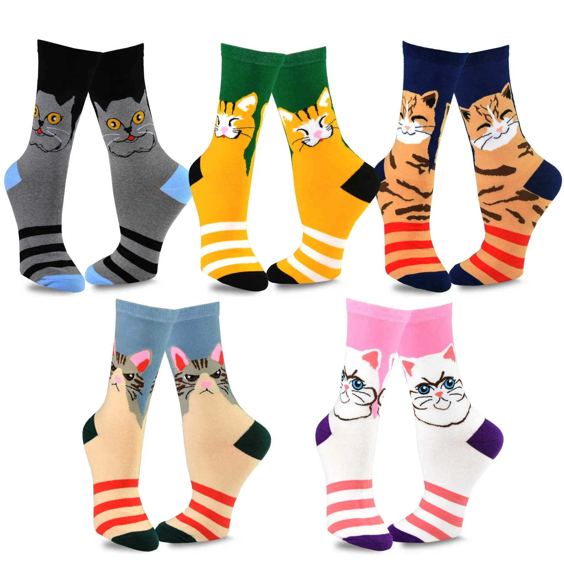 TeeHee Socks Women's Novelty Cotton Crew Cat Face 5-Pack (11991)