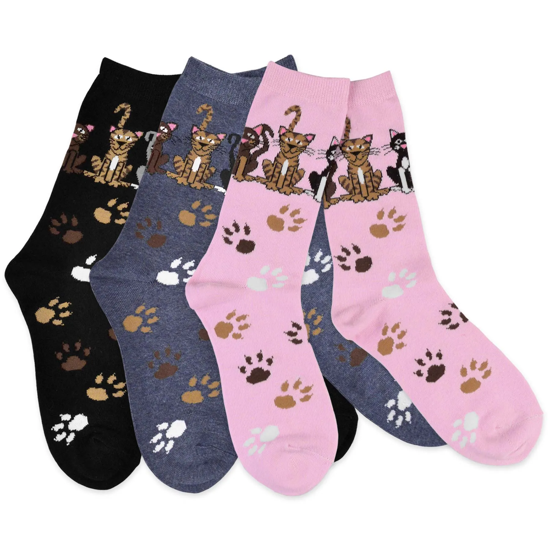 TeeHee Socks Women's Novelty Cotton Crew Cats and Foot Prints 3-Pack (11129)