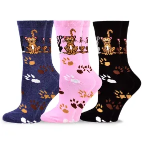 TeeHee Socks Women's Novelty Cotton Crew Cats and Foot Prints 3-Pack (11129)