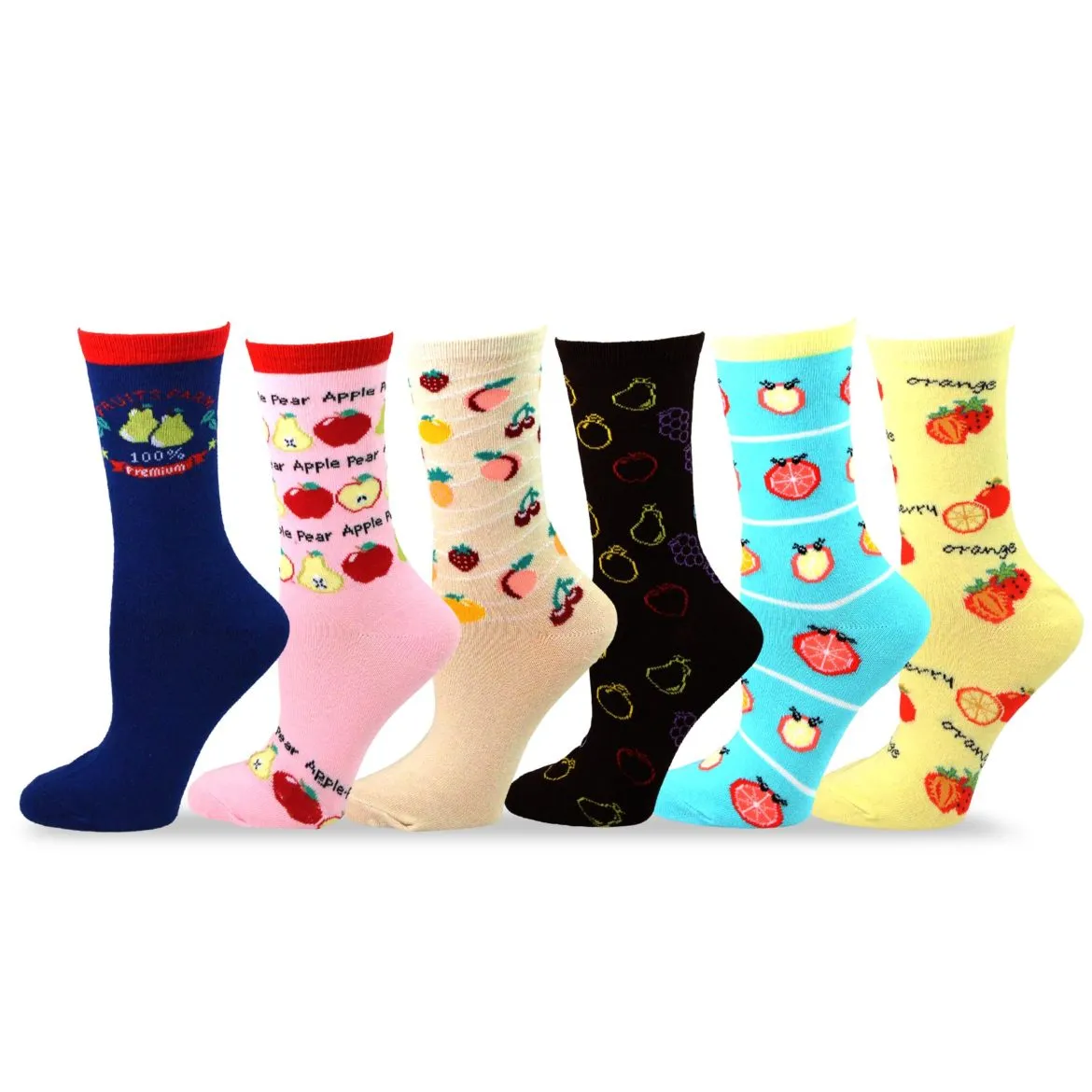 TeeHee Socks Women's Novelty Cotton Crew Fruits Farm 6-Pack (12006)