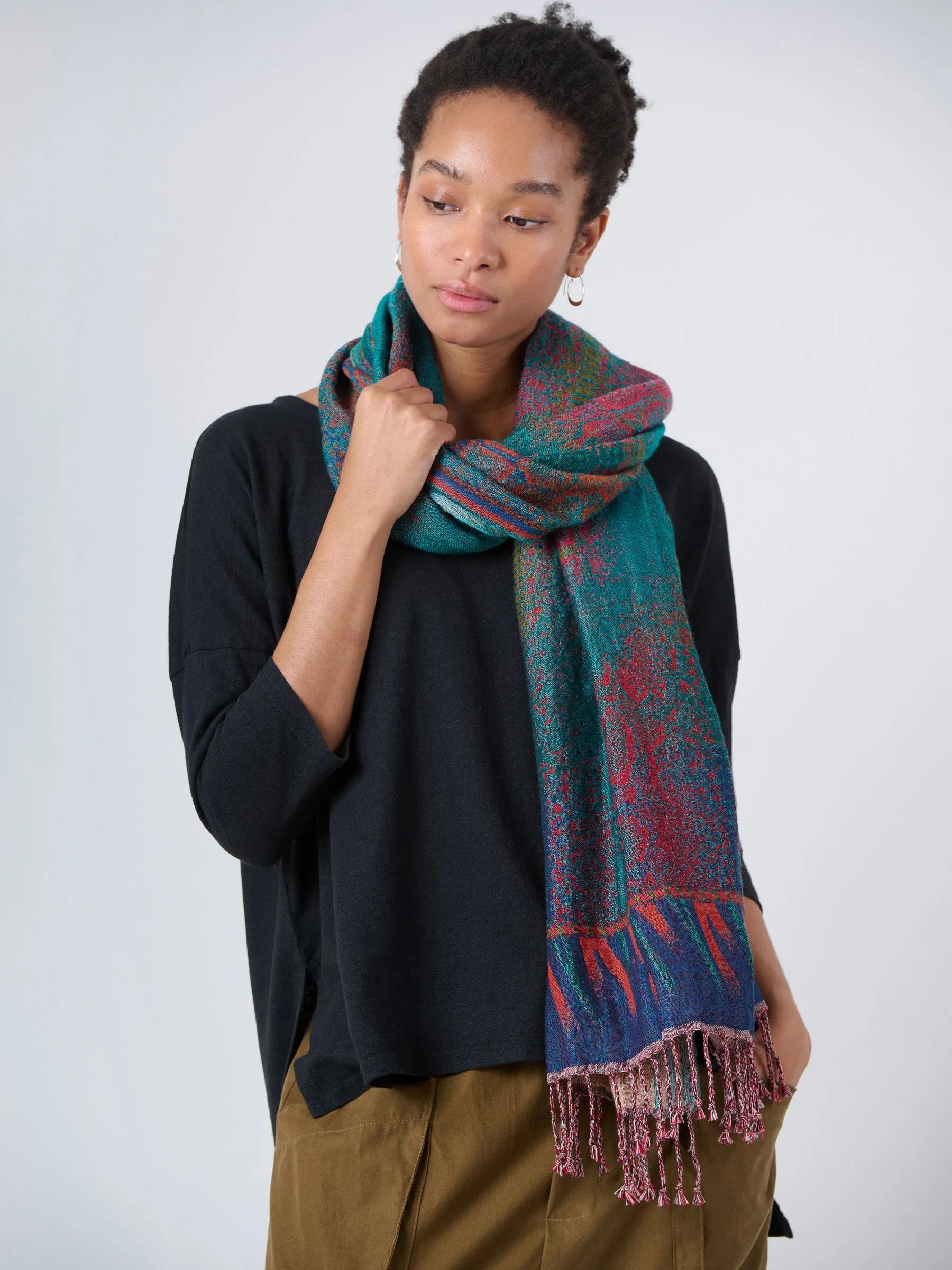 Wool Cotton Jacquard Scarf - Forest